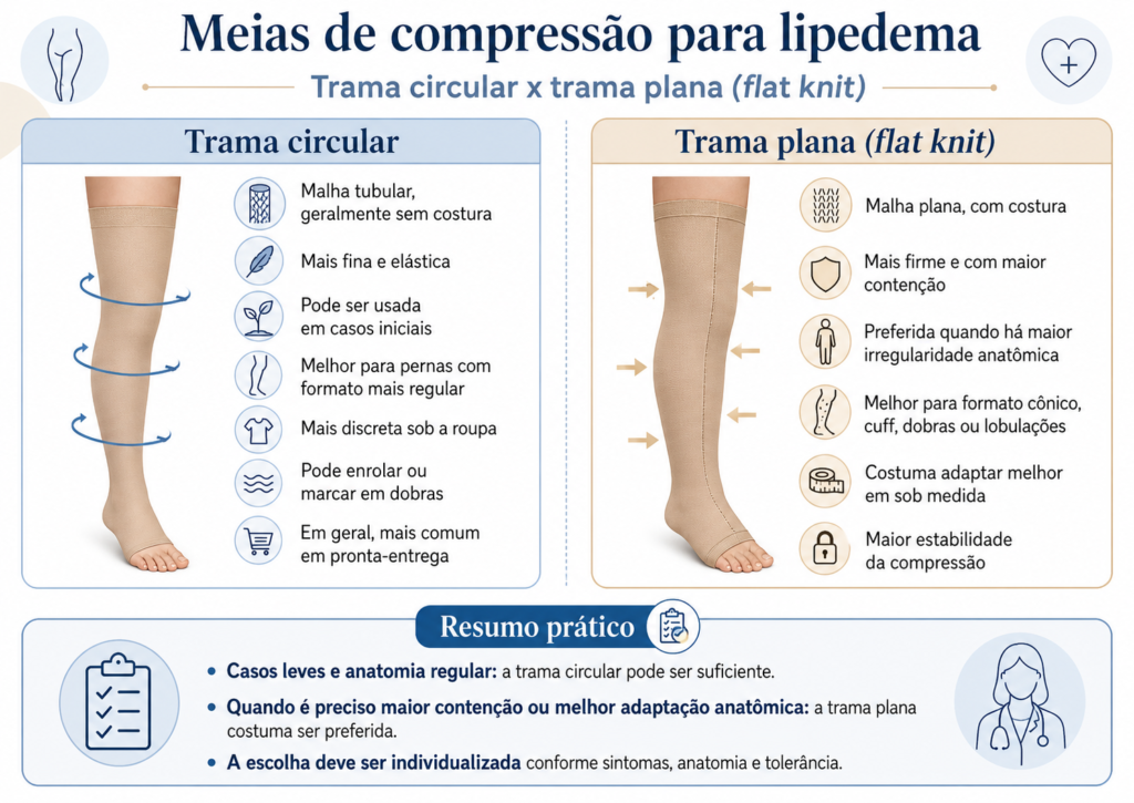 Infográfico comparando a meia de compressão para lipedema em trama circular e em trama plana (flat knit): construção da malha, contenção e quando cada uma é indicada
